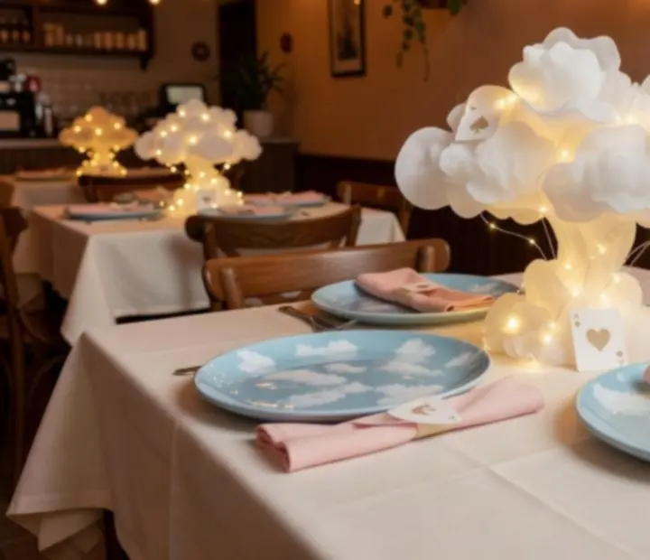 Ambiente de cantina moderna con mesas, bar y luces suaves en tonos azules