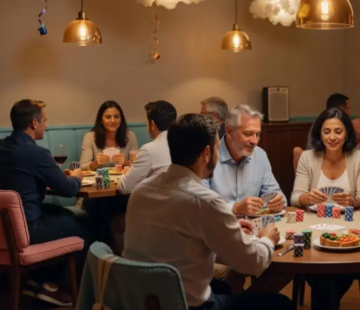 Ambiente cálido con música suave y decoración de póker en una cantina