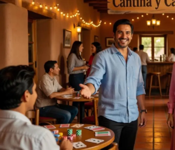 Anfitriones de Cantina y Cartas guiando una noche temática con un grupo