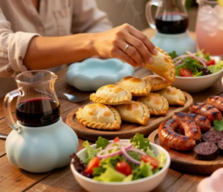 Mesa con platos argentinos para compartir, copas de vino y manos brindando