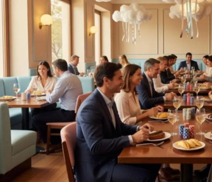 Equipo de trabajo compartiendo una mesa de póker recreativo en un ambiente de cantina