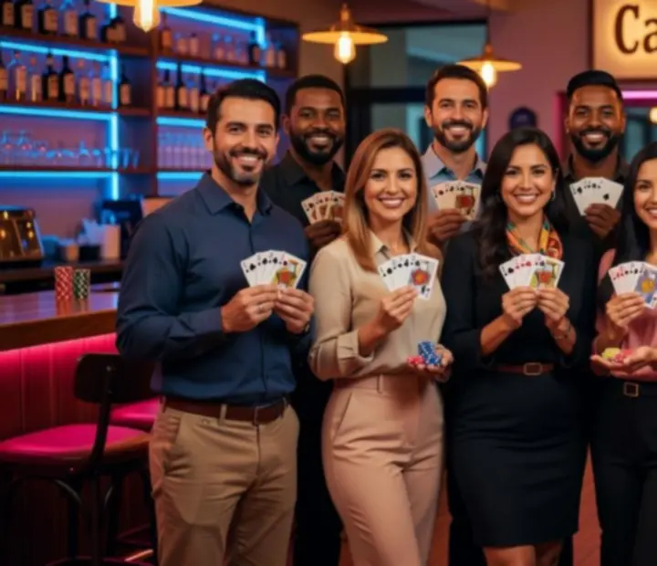 Equipo de anfitriones y anfitrionas sonriendo en el salón de Cantina y Cartas