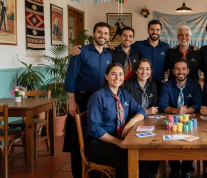 Equipo de la cantina sonriendo en un salón preparado para una noche de cartas
