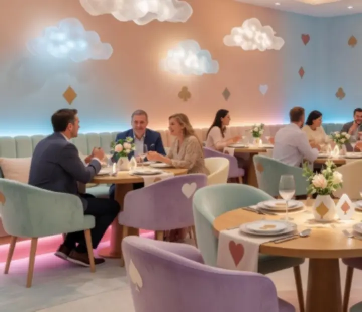 Sal&oacute;n ambientado de Cantina y Cartas con mesas listas para la noche