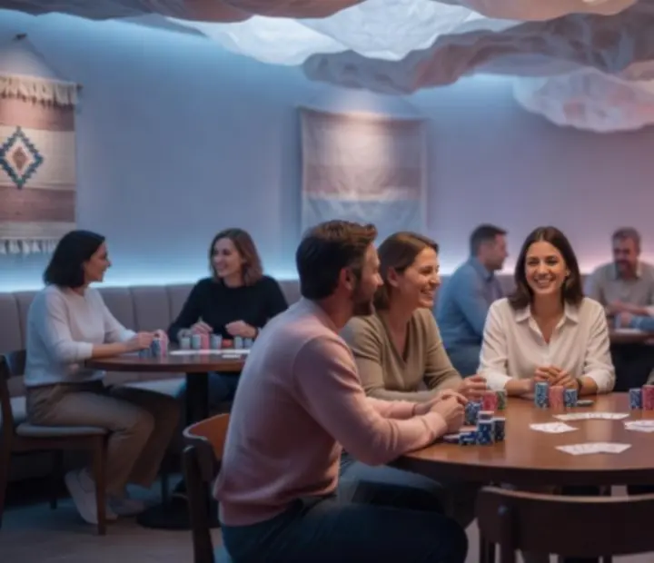 Vista cálida del salón de Cantina y Cartas preparado para un evento grupal