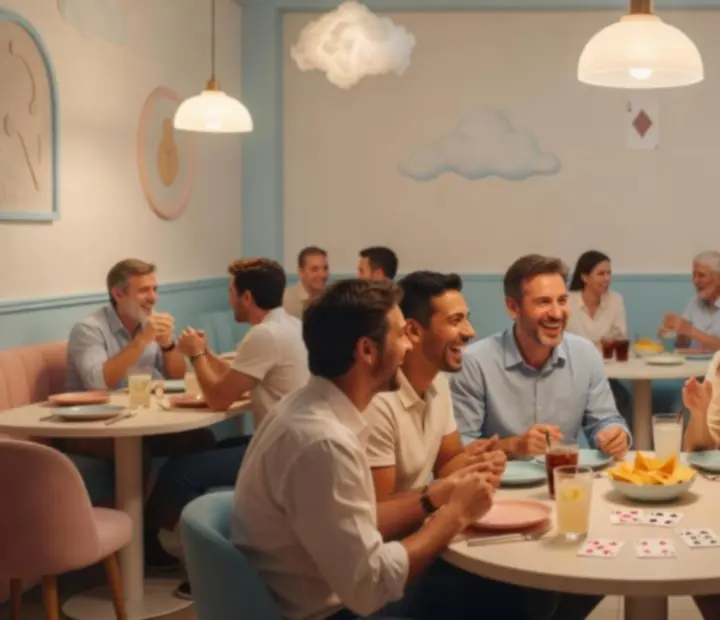 Mesas de restaurante cálido con luces suaves y cartas sobre la mesa
