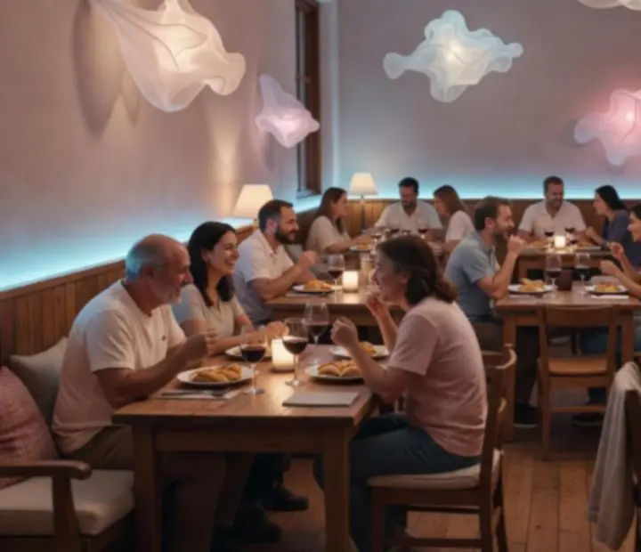Vista cálida del interior de Cantina y Cartas con mesas preparadas y ambiente de cantina moderna
