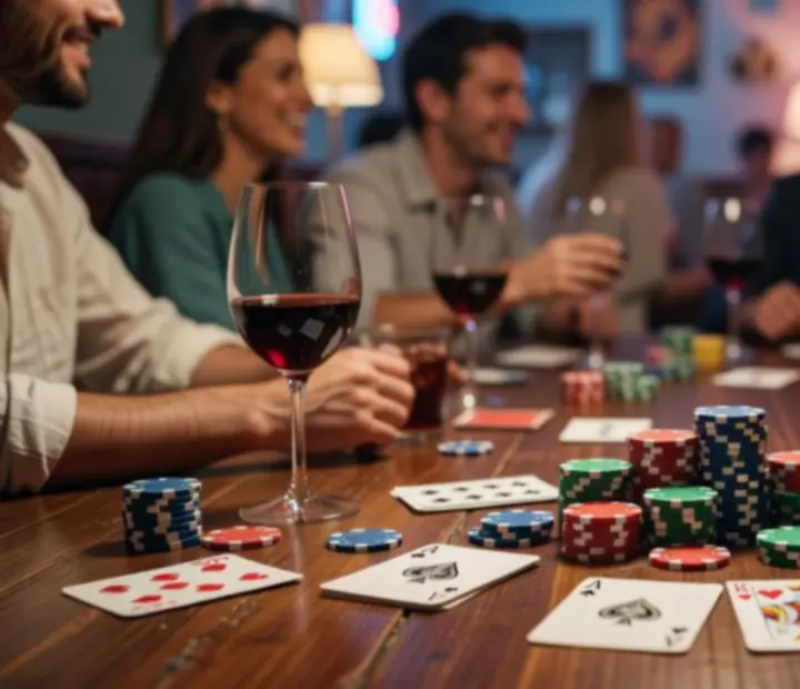 Mesa de póker ambientada con cartas, fichas y copas en un restaurante