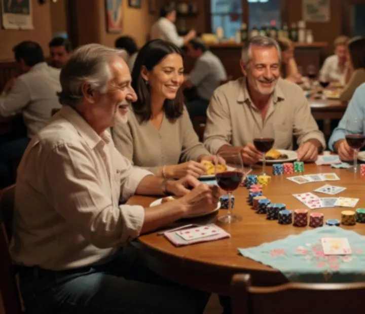 Mesa de póker social con fichas de colores y personas conversando