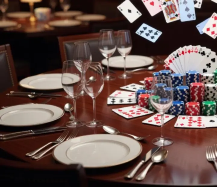 Mesa de restaurante preparada con cartas y fichas para una noche de p&oacute;ker offline