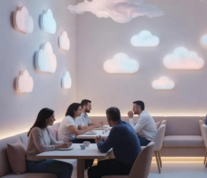 Ambiente de restaurante con mesas amplias y luces tenues en tonos azul y rosa